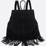 Savannah Fringe Backpack – Suede - Effect Drawstring Rucksack with Boho Tassels - in Black | Arvea Bags
