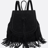 Savannah Fringe Backpack – Suede - Effect Drawstring Rucksack with Boho Tassels - in Black | Arvea Bags