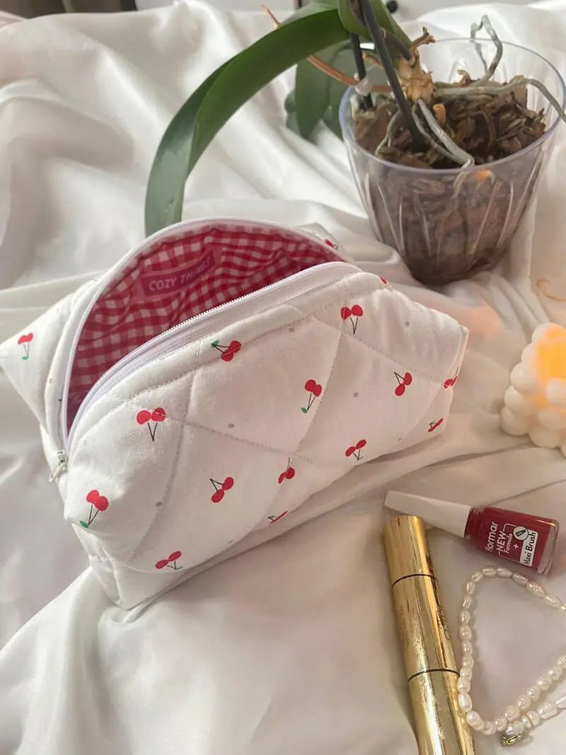Selmara | Quilted Cherry Print Cosmetic Bag – Playful & Practical - in Light Beige | Arvea Bags