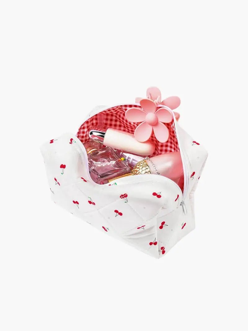 Selmara | Quilted Cherry Print Cosmetic Bag – Playful & Practical - in Light Beige | Arvea Bags