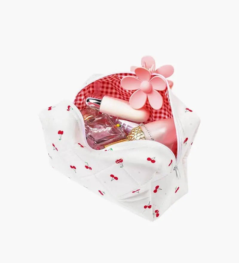 Selmara | Quilted Cherry Print Cosmetic Bag – Playful & Practical - in Light Beige | Arvea Bags