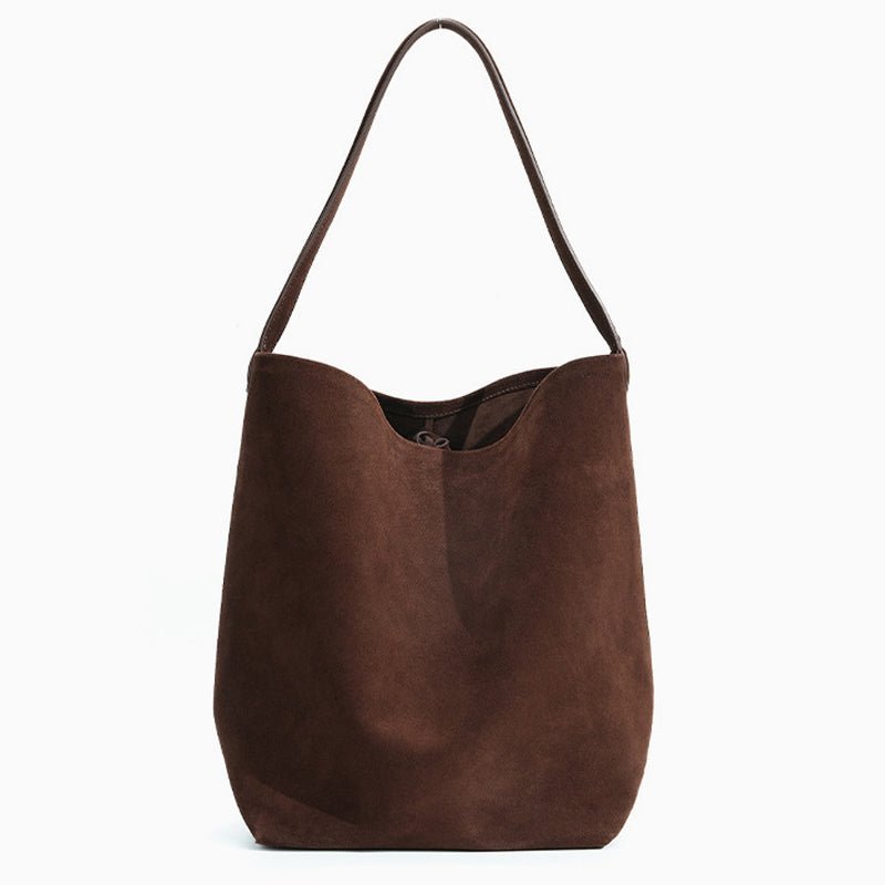 Senna Minimalist Suede Tote Bag – Large Shoulder Bag - in Dark Brown | Arvea Bags
