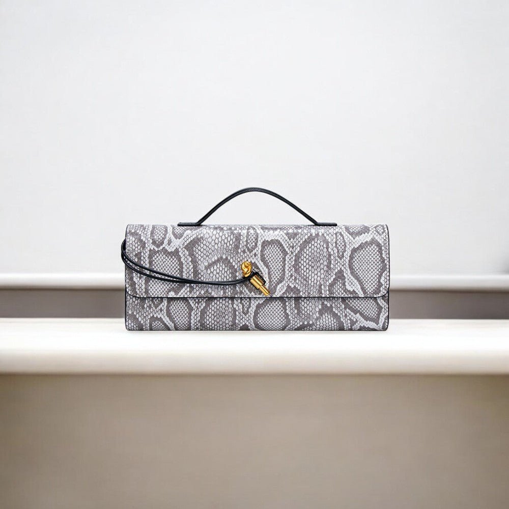 Separhine | Snakeskin Clutch Bag – Faux Leather Evening Bag with Gold Lock - in Light Grey | Arvea Bags