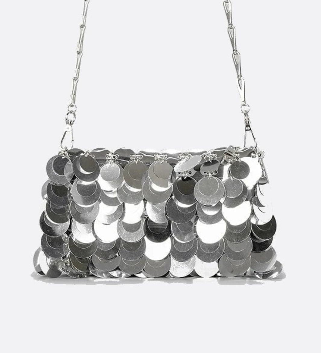Sequin Shoulder Bag – Party Clutch with Chain Strap - in Silver | Arvea Bags