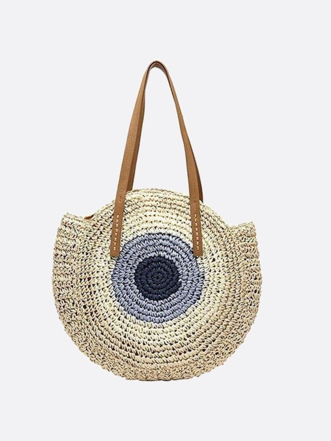 Serena Round Colorblock Straw Bag – Multicolor Circle Tote - in Beige | Arvea Bags