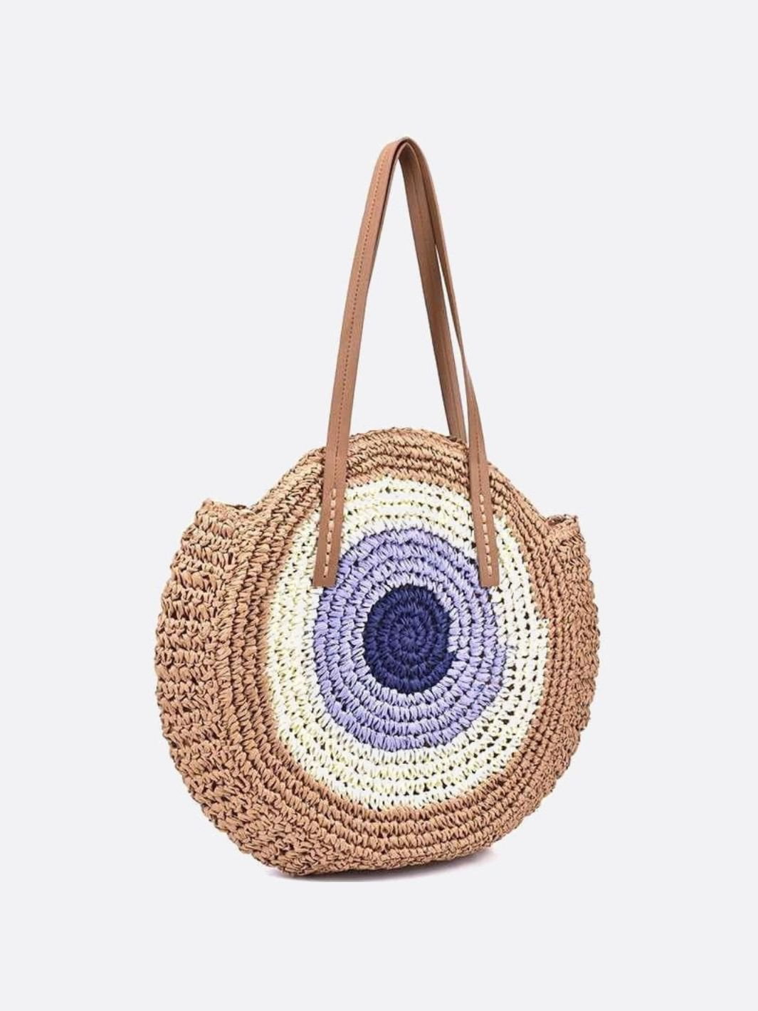 Serena Round Colorblock Straw Bag – Multicolor Circle Tote - in Light Brown | Arvea Bags