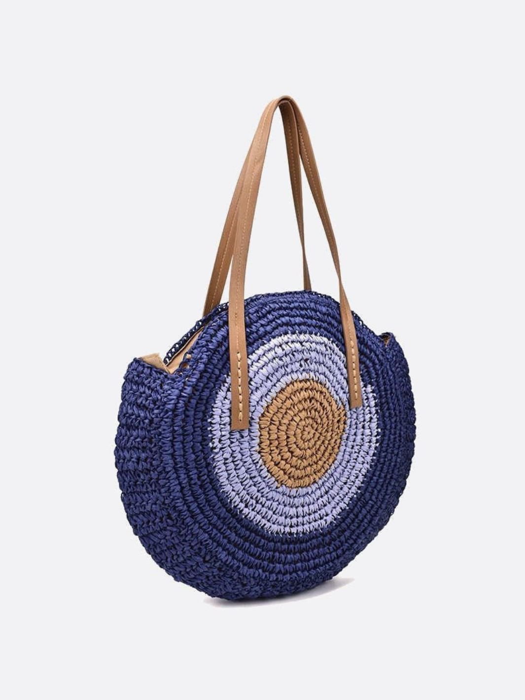 Serena Round Colorblock Straw Bag – Multicolor Circle Tote - in Navy Blue | Arvea Bags