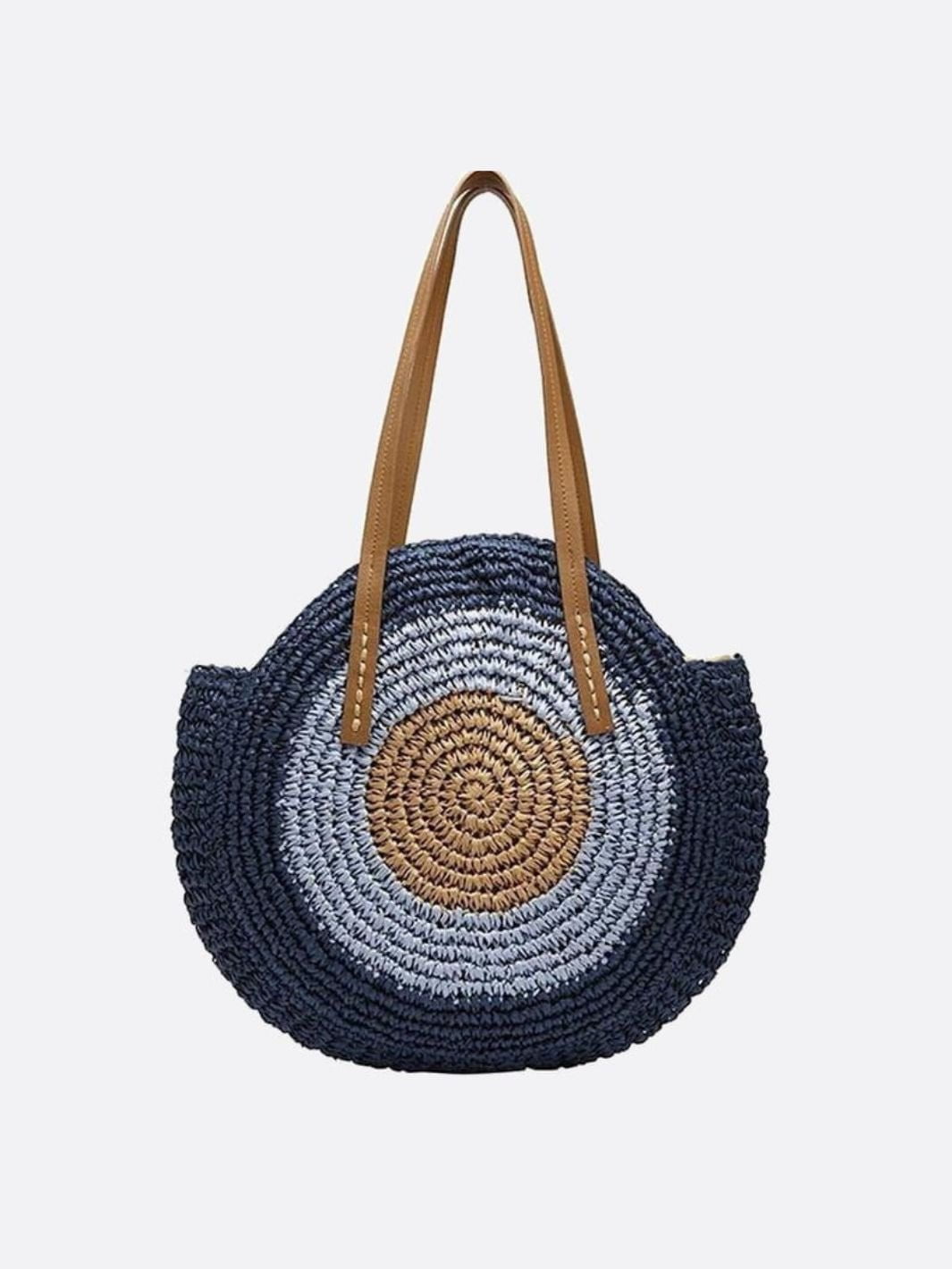 Serena Round Colorblock Straw Bag – Multicolor Circle Tote - in Navy Blue | Arvea Bags