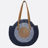 Serena Round Colorblock Straw Bag – Multicolor Circle Tote - in Navy Blue | Arvea Bags
