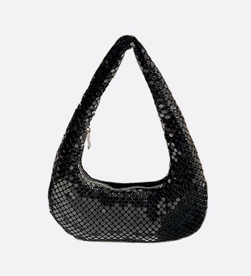 Shoulder bag with sequin mesh and curved silhouette - in Black | Arvea Bags