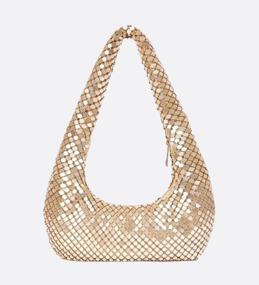 Shoulder bag with sequin mesh and curved silhouette - in Gold | Arvea Bags