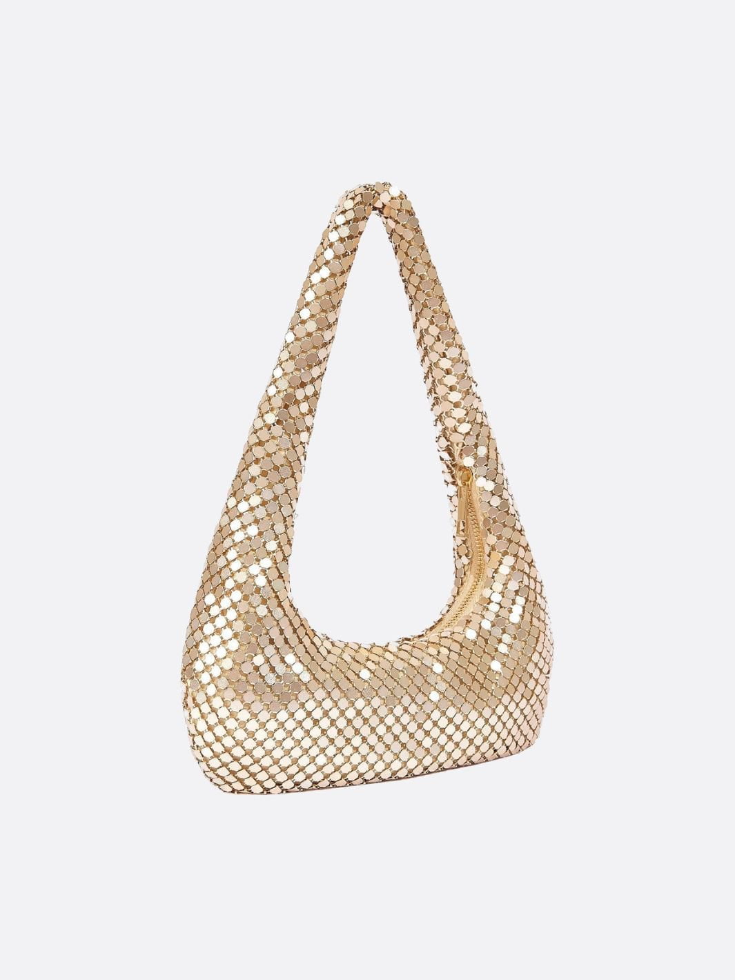 Shoulder bag with sequin mesh and curved silhouette - in Gold | Arvea Bags