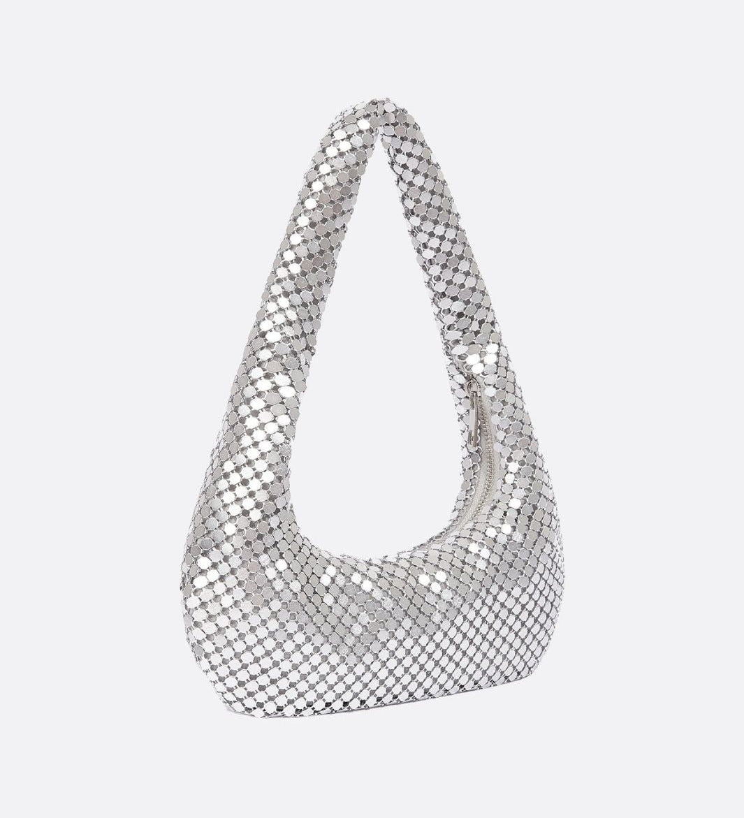 Shoulder bag with sequin mesh and curved silhouette - in Silver | Arvea Bags
