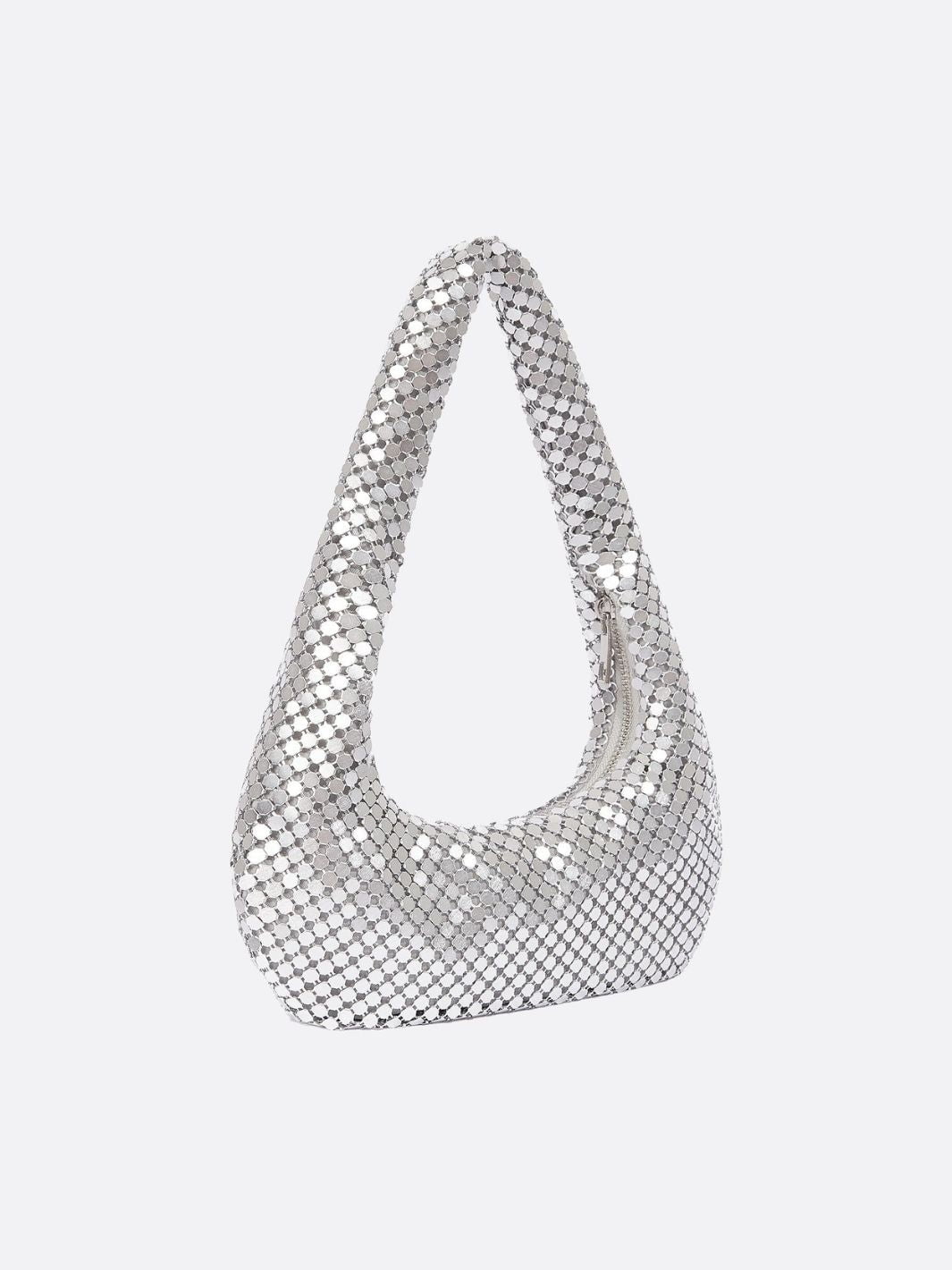 Shoulder bag with sequin mesh and curved silhouette - in Silver | Arvea Bags