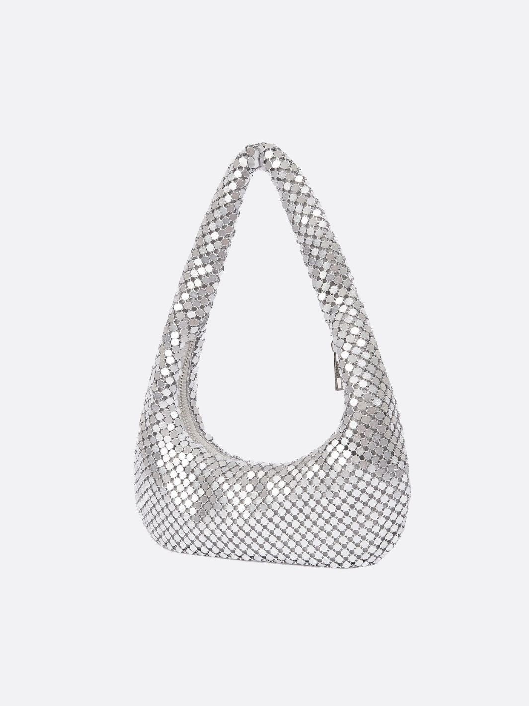 Shoulder bag with sequin mesh and curved silhouette - in Silver | Arvea Bags
