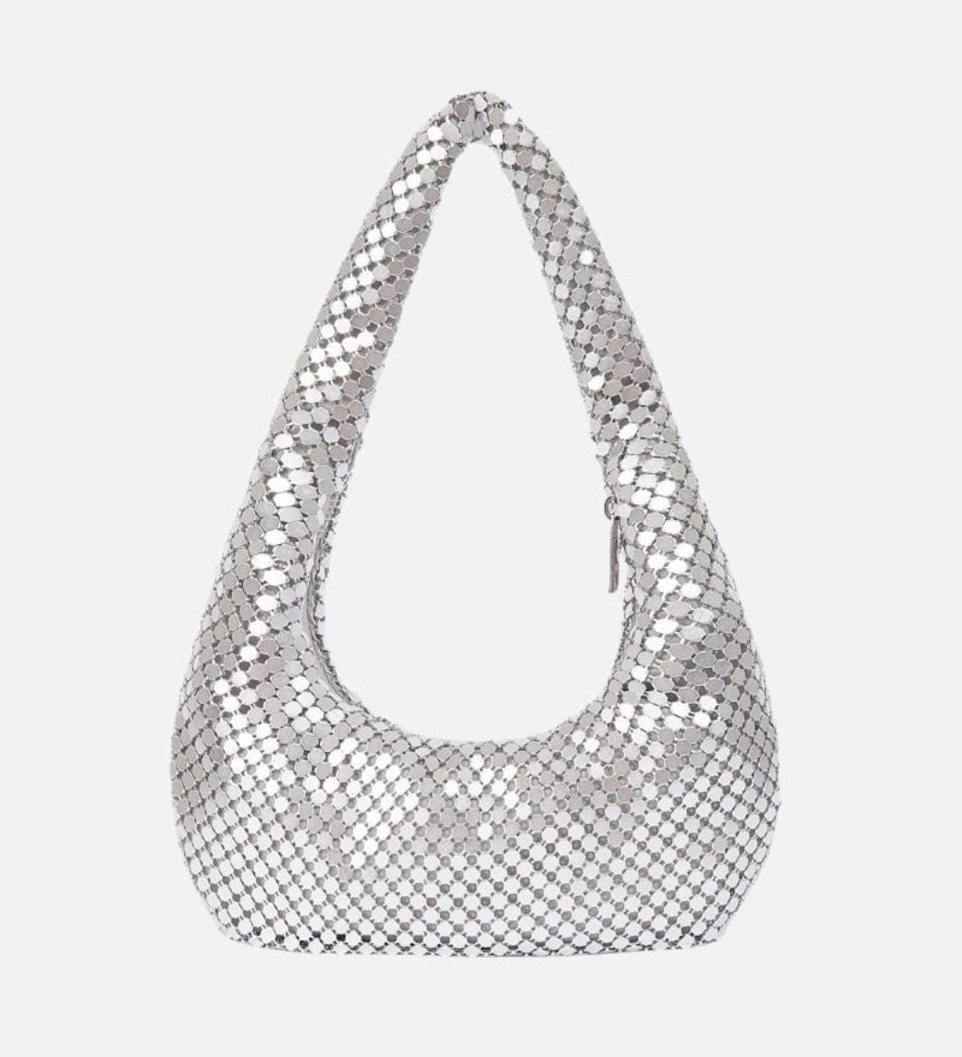 Shoulder bag with sequin mesh and curved silhouette - in Silver | Arvea Bags