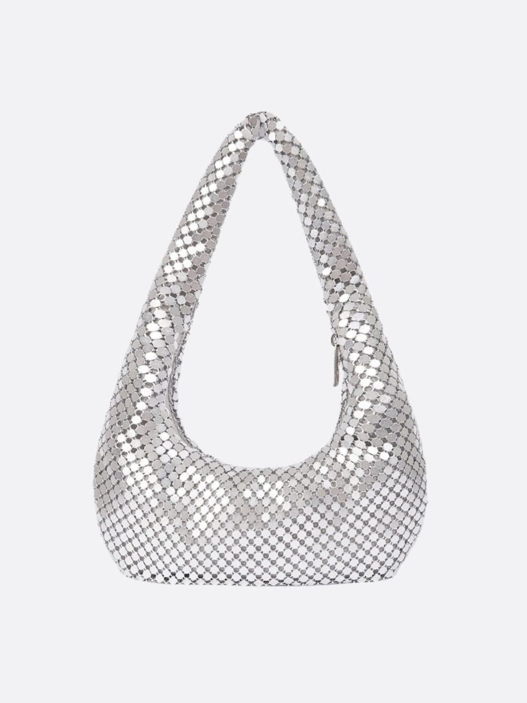 Shoulder bag with sequin mesh and curved silhouette - in Silver | Arvea Bags