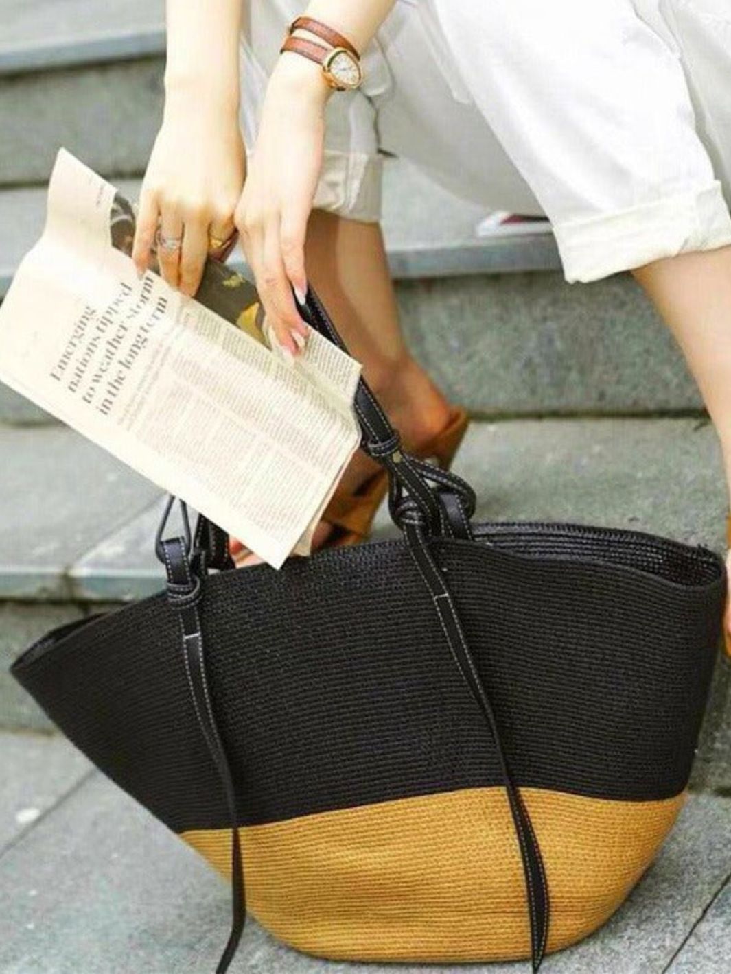 Sienna Two - Tone Woven Tote – Black & Camel Straw Bag - in Black | Arvea Bags