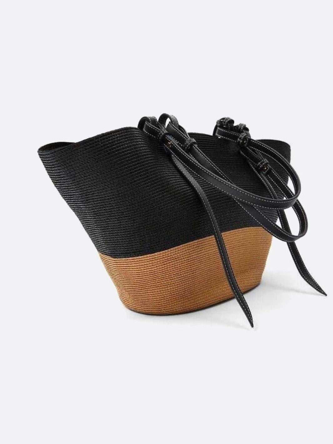 Sienna Two - Tone Woven Tote – Black & Camel Straw Bag - in Black | Arvea Bags