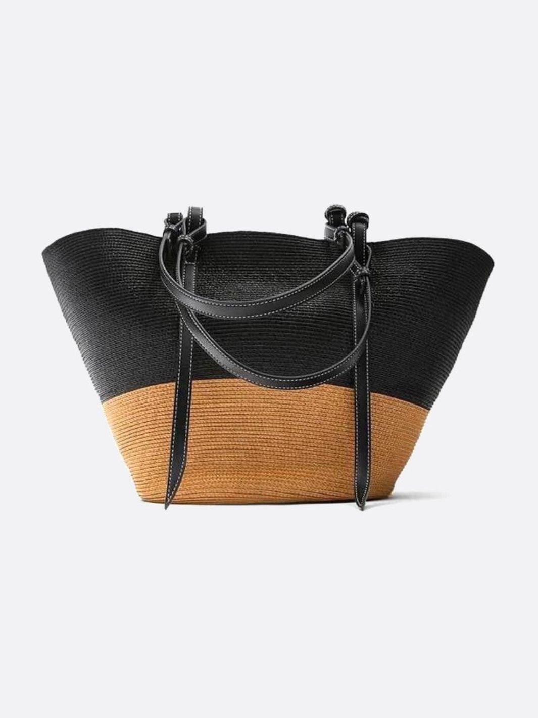 Sienna Two - Tone Woven Tote – Black & Camel Straw Bag - in Black | Arvea Bags