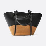 Sienna Two - Tone Woven Tote – Black & Camel Straw Bag - in Black | Arvea Bags