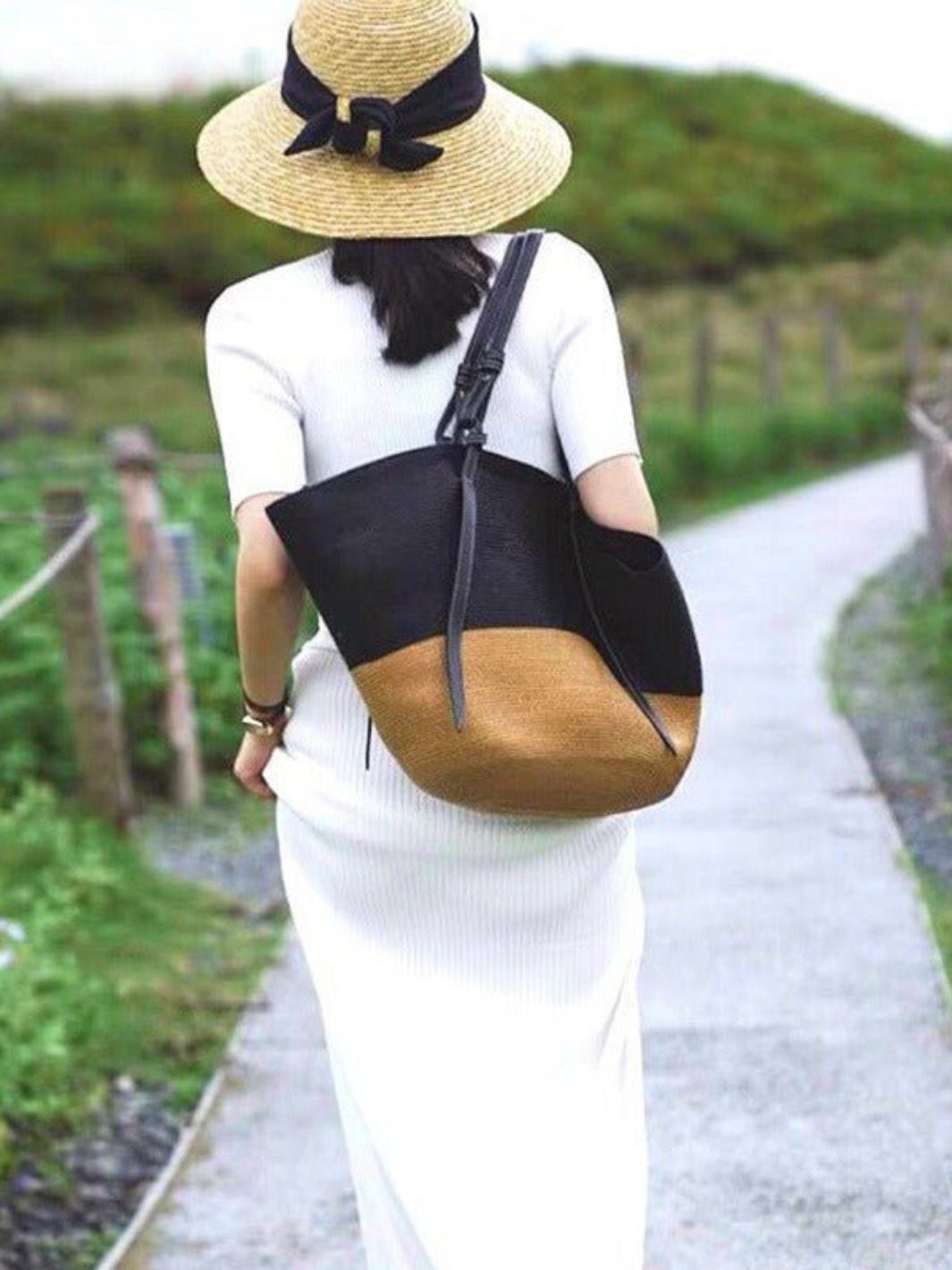 Sienna Two - Tone Woven Tote – Black & Camel Straw Bag - in Black | Arvea Bags