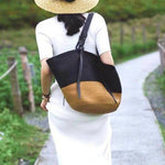 Sienna Two - Tone Woven Tote – Black & Camel Straw Bag - in Black | Arvea Bags