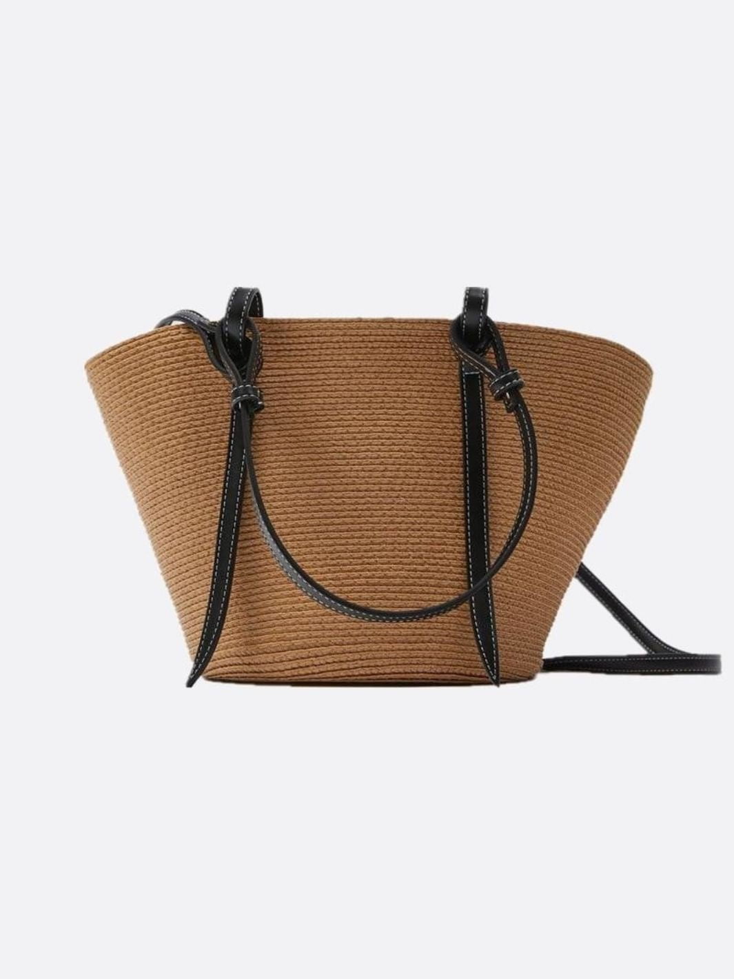 Sienna Two - Tone Woven Tote – Black & Camel Straw Bag - in Camel | Arvea Bags
