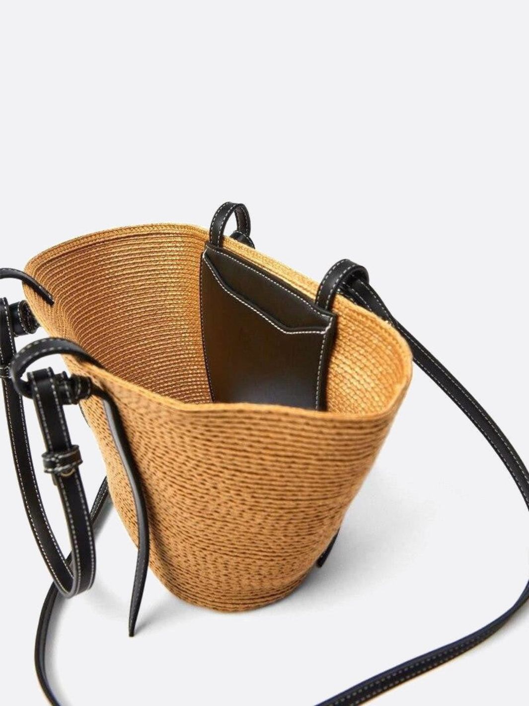 Sienna Two - Tone Woven Tote – Black & Camel Straw Bag - in Camel | Arvea Bags