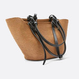 Sienna Two - Tone Woven Tote – Black & Camel Straw Bag - in Camel | Arvea Bags