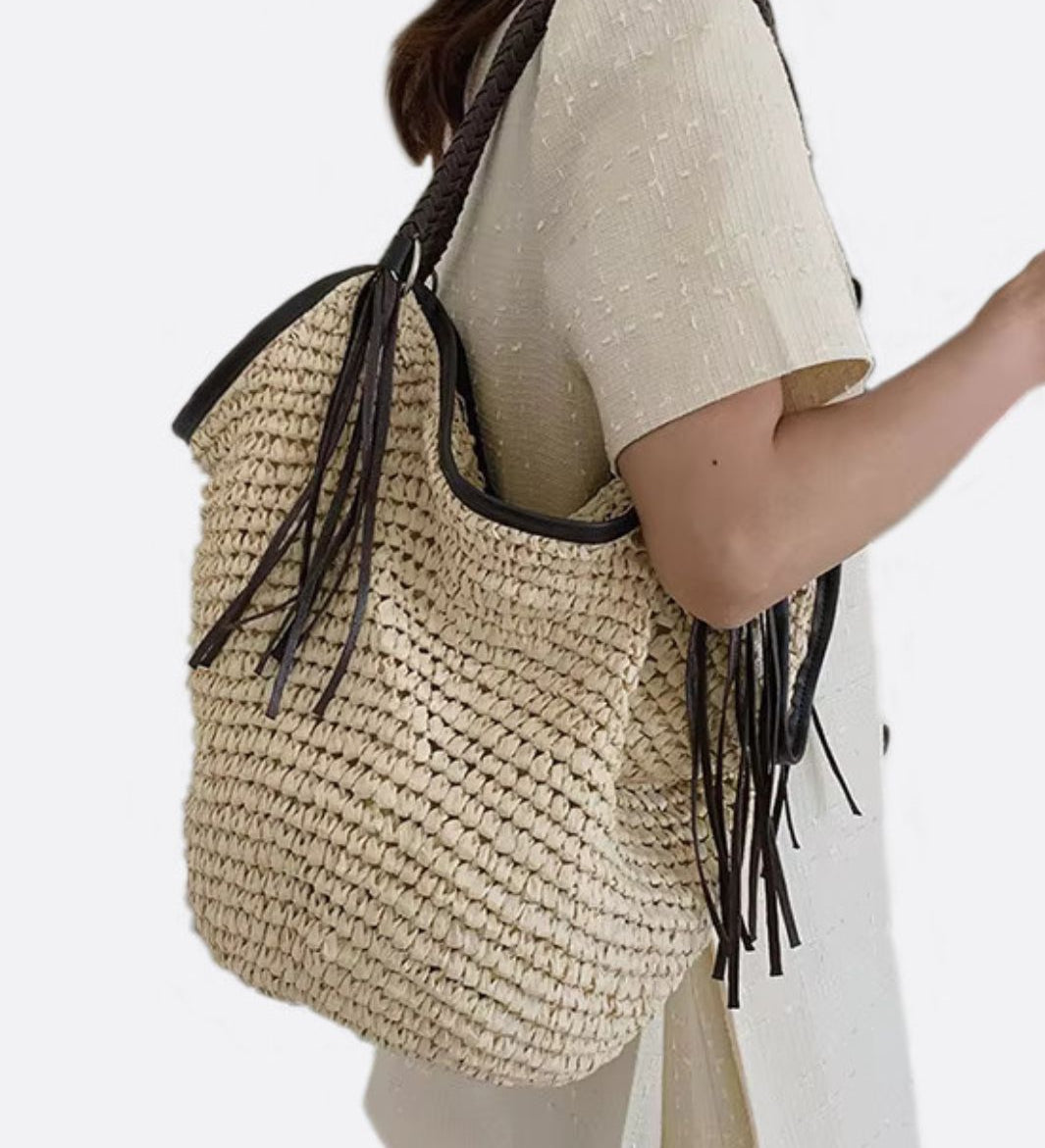 Sierra Soft Straw Shoulder Bag – Woven Hobo Tote - in Beige | Arvea Bags
