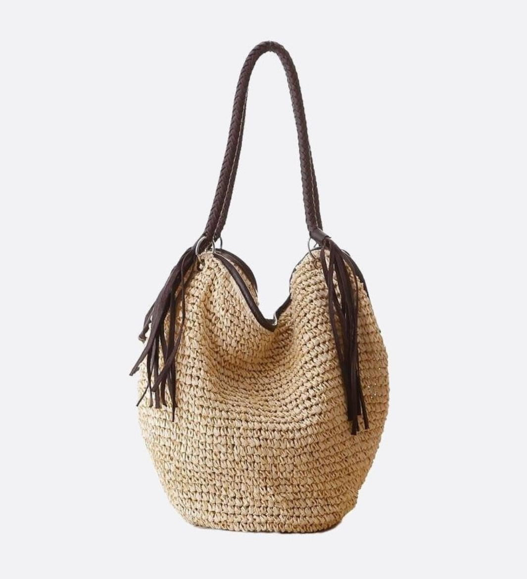 Sierra Soft Straw Shoulder Bag – Woven Hobo Tote - in Beige | Arvea Bags