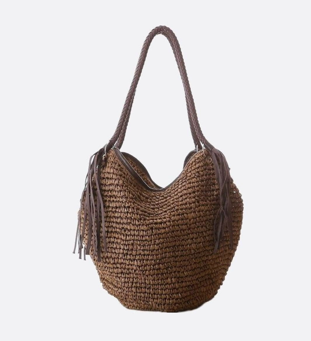 Sierra Soft Straw Shoulder Bag – Woven Hobo Tote - in Brown | Arvea Bags