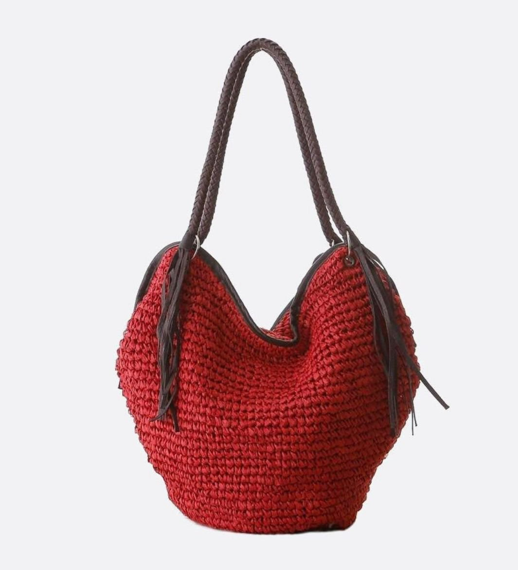 Sierra Soft Straw Shoulder Bag – Woven Hobo Tote - in Red | Arvea Bags