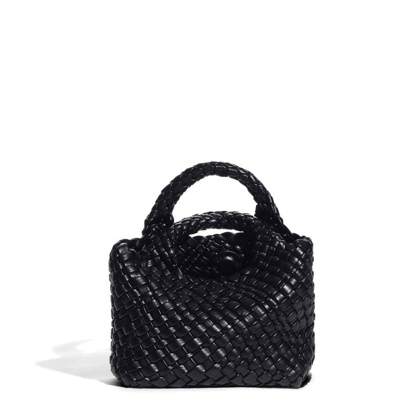 Small Woven Leather Top Handle Bag – Handcrafted Mini Tote with Interior Pocket - in Black | Arvea Bags