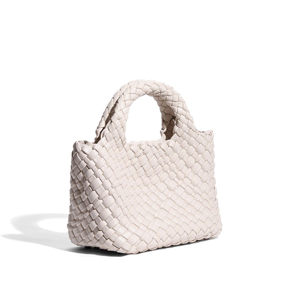 Small Woven Leather Top Handle Bag – Handcrafted Mini Tote with Interior Pocket - in Green | Arvea Bags