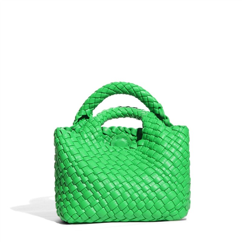 Small Woven Leather Top Handle Bag – Handcrafted Mini Tote with Interior Pocket - in Green | Arvea Bags