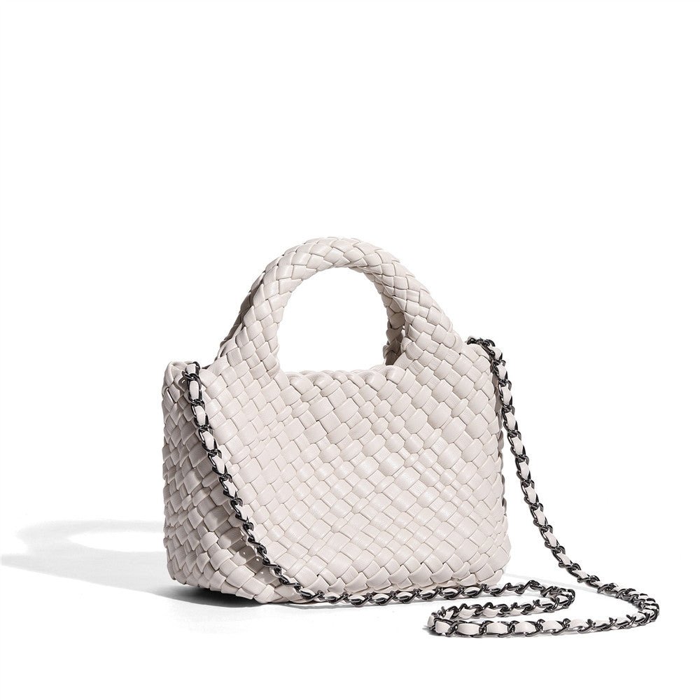 Small Woven Leather Top Handle Bag – Handcrafted Mini Tote with Interior Pocket - in Green | Arvea Bags