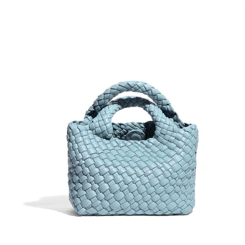 Small Woven Leather Top Handle Bag – Handcrafted Mini Tote with Interior Pocket - in Ocean Blue | Arvea Bags
