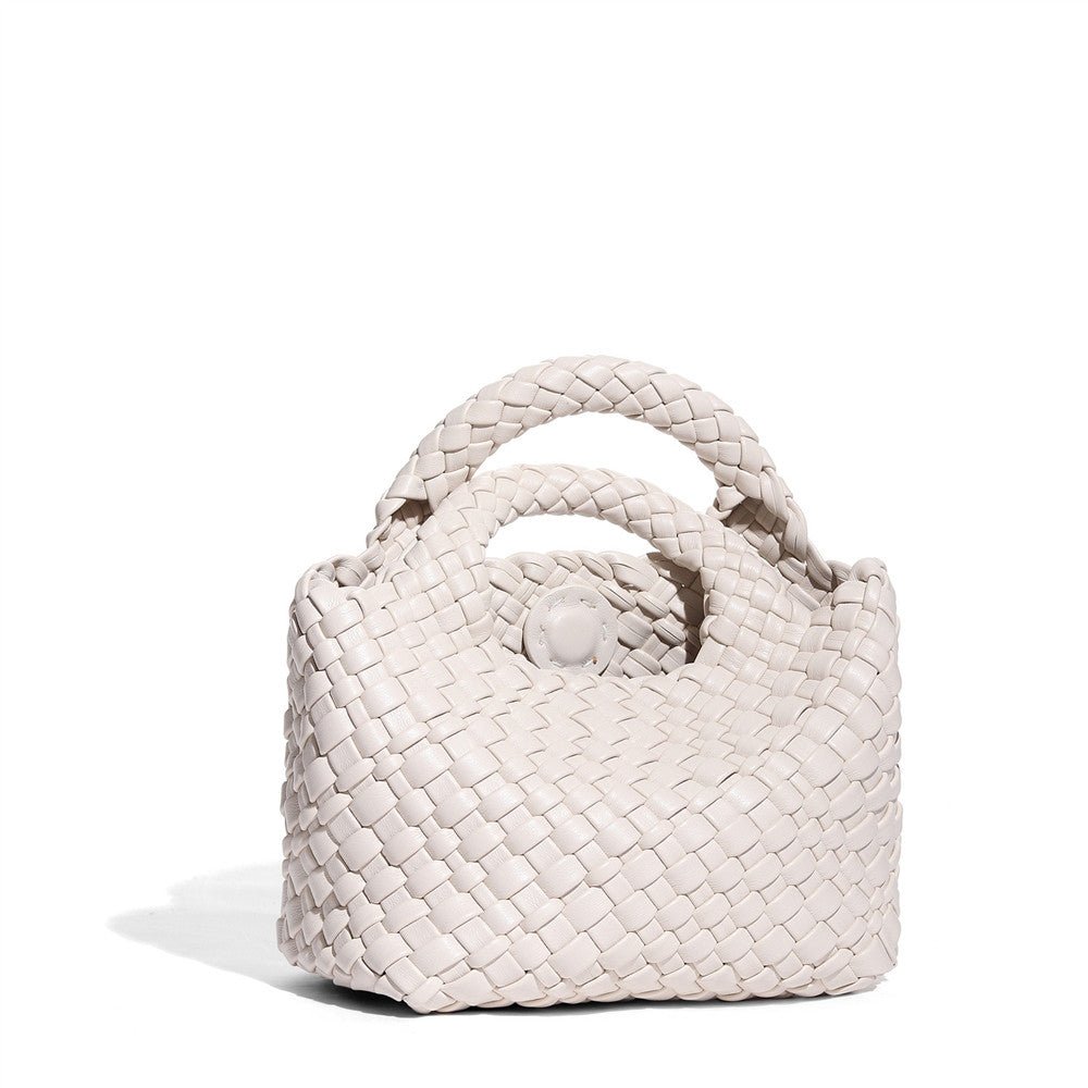 Small Woven Leather Top Handle Bag – Handcrafted Mini Tote with Interior Pocket - in Off White | Arvea Bags