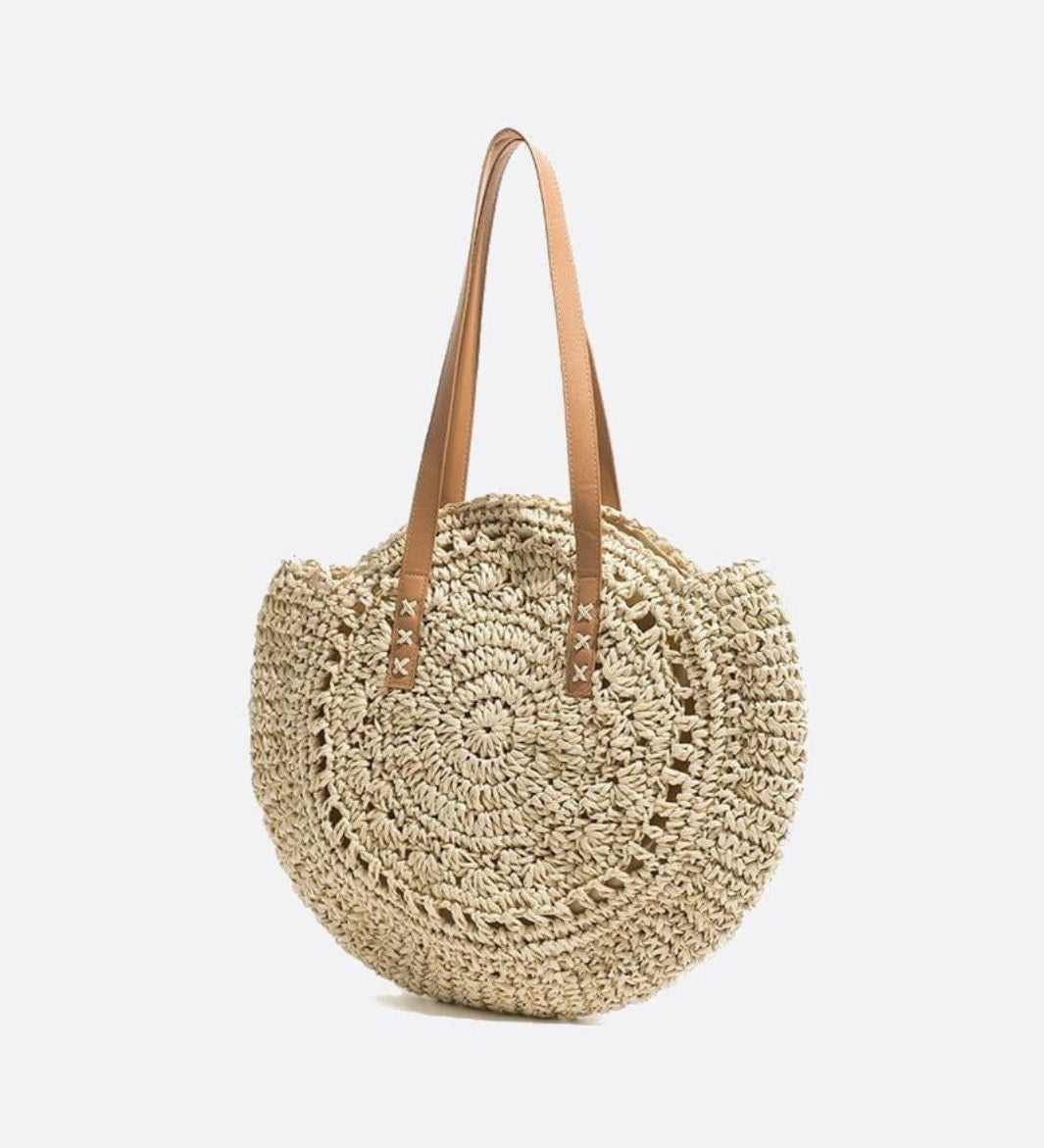 Solara Woven Straw Tote Bag – Round Crochet Beach Bag - in Beige | Arvea Bags