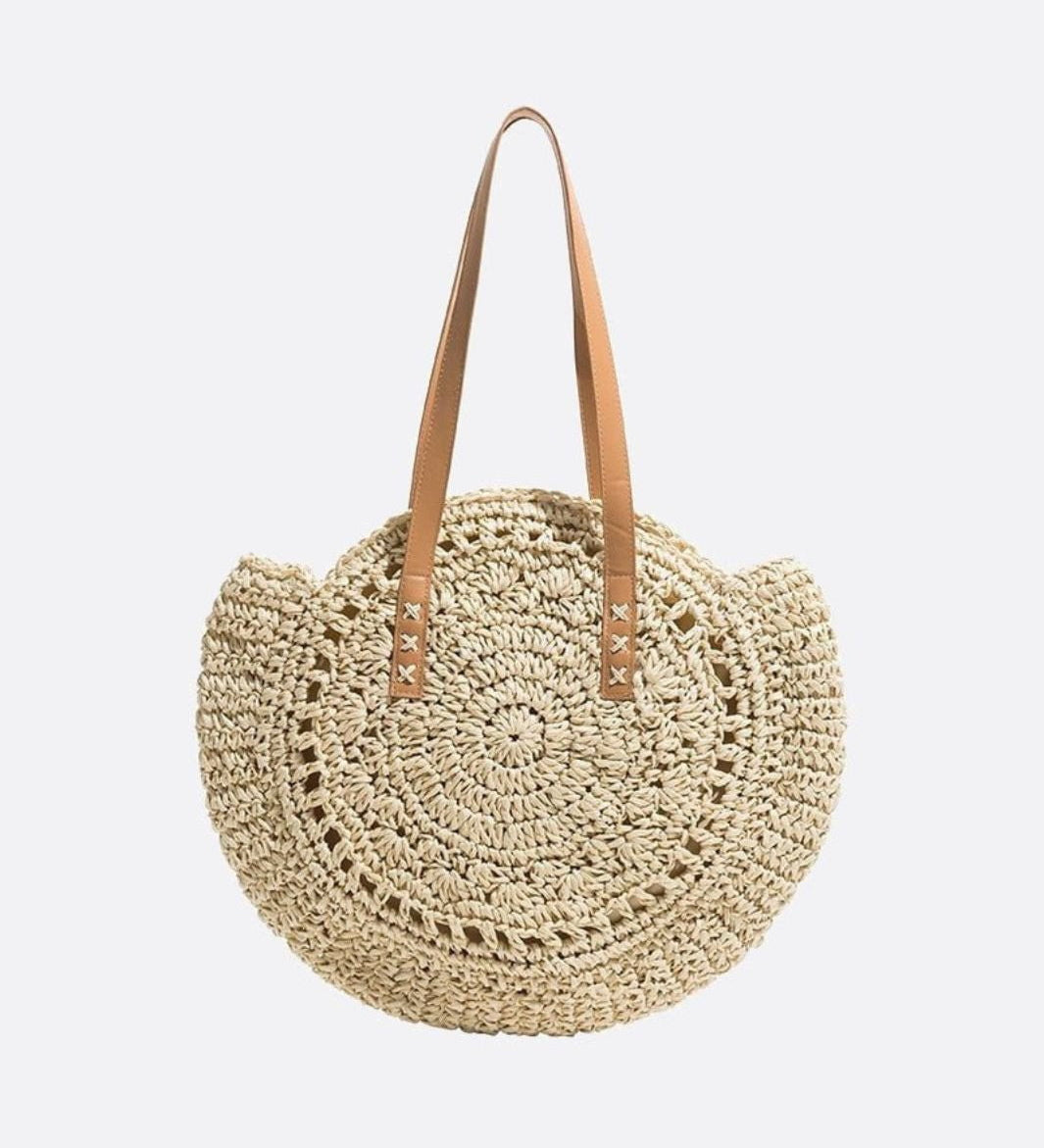 Solara Woven Straw Tote Bag – Round Crochet Beach Bag - in Beige | Arvea Bags