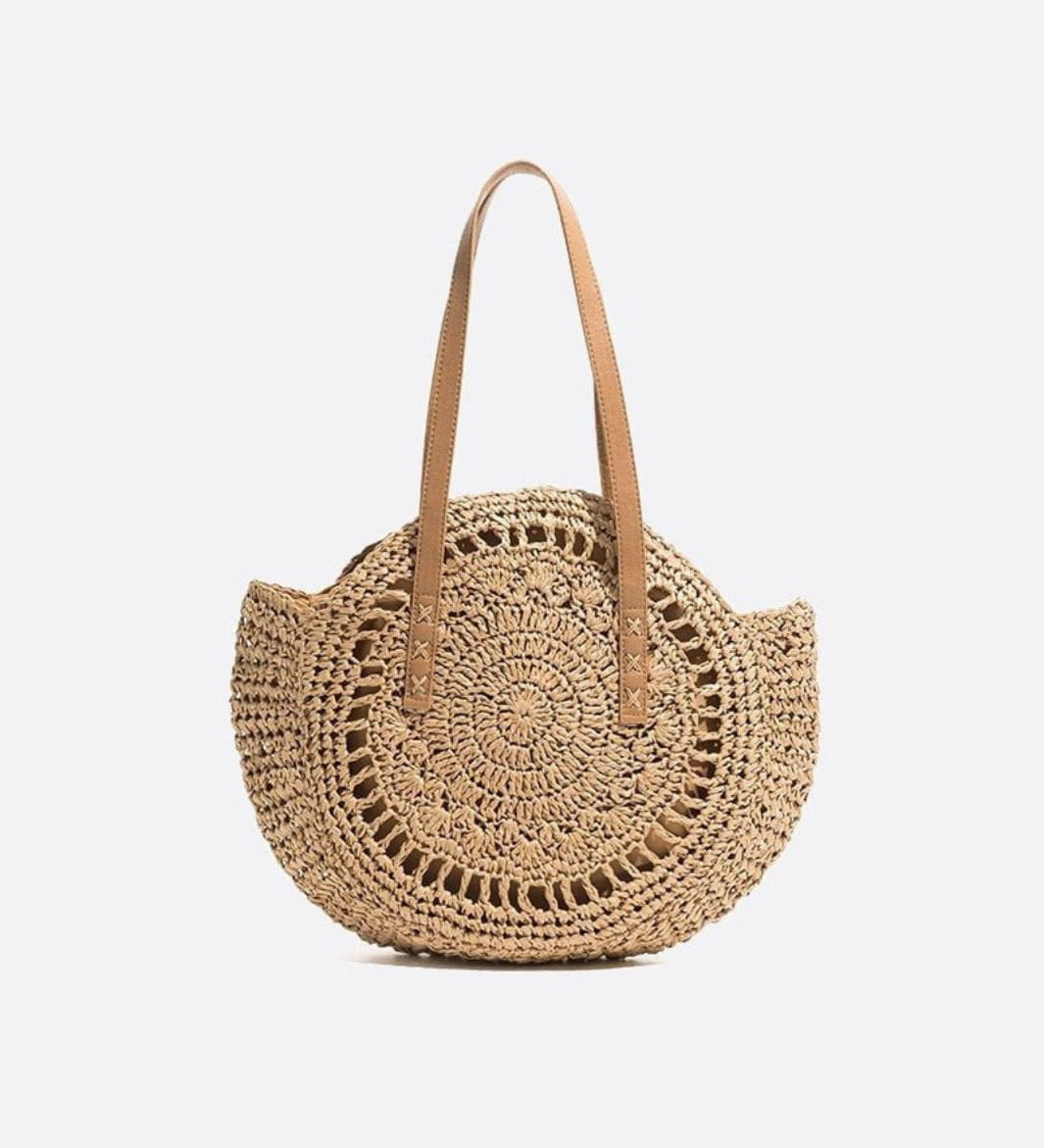Solara Woven Straw Tote Bag – Round Crochet Beach Bag - in Light Brown | Arvea Bags