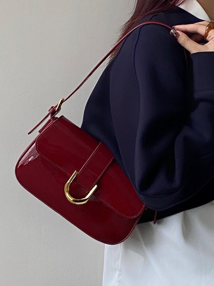 Solea | Vegan Patent PU Leather Baguette Bag – Adjustable Strap & Gold D - Buckle - in Red | Arvea Bags