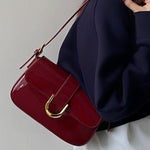 Solea | Vegan Patent PU Leather Baguette Bag – Adjustable Strap & Gold D - Buckle - in Red | Arvea Bags