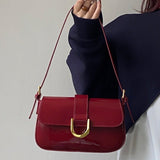 Solea | Vegan Patent PU Leather Baguette Bag – Adjustable Strap & Gold D - Buckle - in Red | Arvea Bags