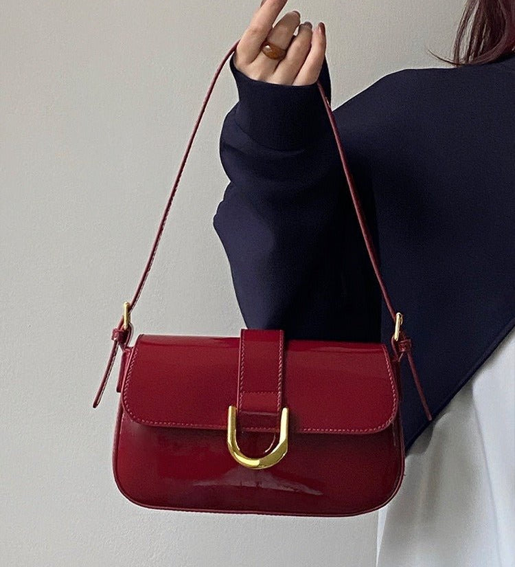 Solea | Vegan Patent PU Leather Baguette Bag – Adjustable Strap & Gold D - Buckle - in Red | Arvea Bags