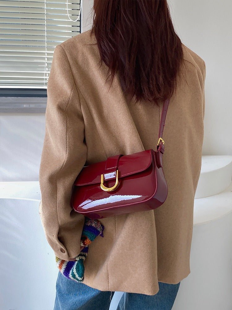 Solea | Vegan Patent PU Leather Baguette Bag – Adjustable Strap & Gold D - Buckle - in Red | Arvea Bags