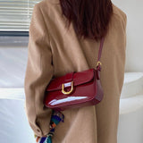 Solea | Vegan Patent PU Leather Baguette Bag – Adjustable Strap & Gold D - Buckle - in Red | Arvea Bags