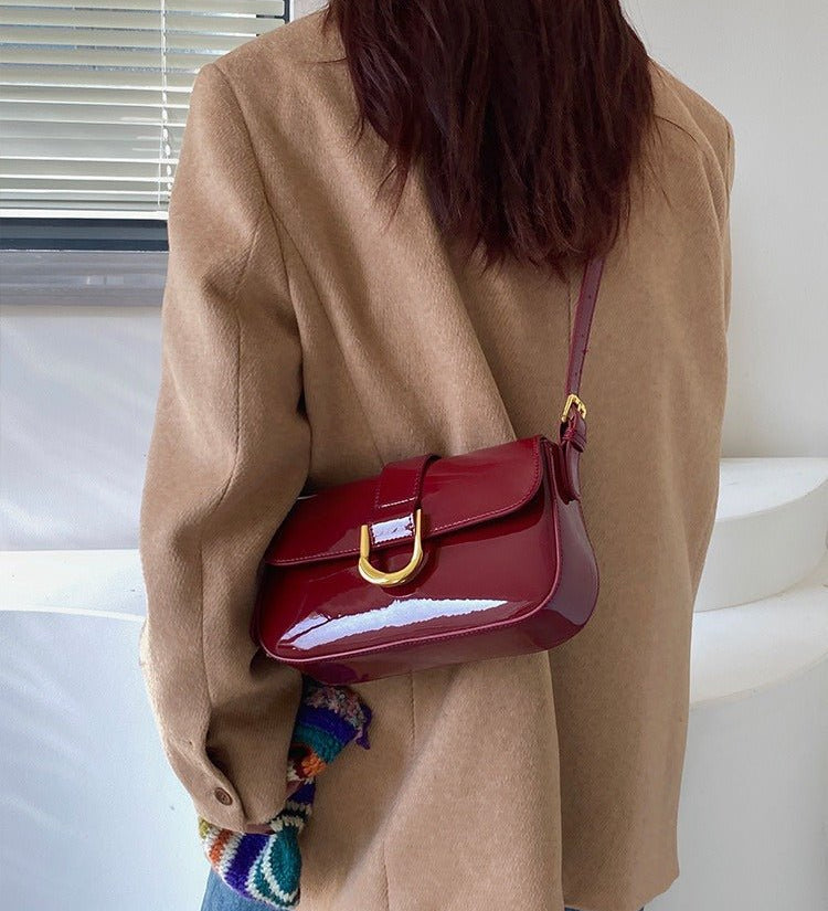 Solea | Vegan Patent PU Leather Baguette Bag – Adjustable Strap & Gold D - Buckle - in Red | Arvea Bags